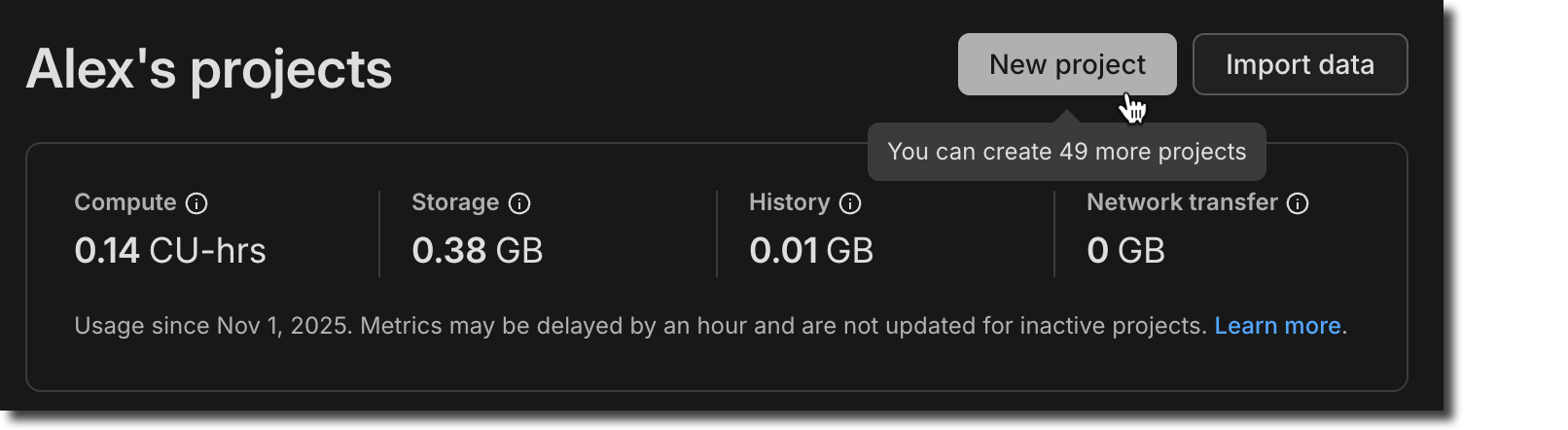 Dashboard page showing 50 Free Plan projects